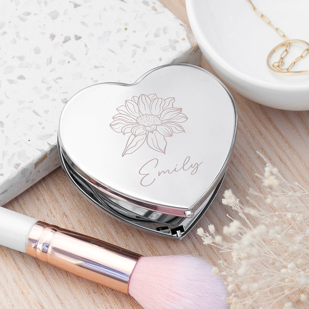 Personalised Personalised Silver Heart Birth Flower Compact Mirror