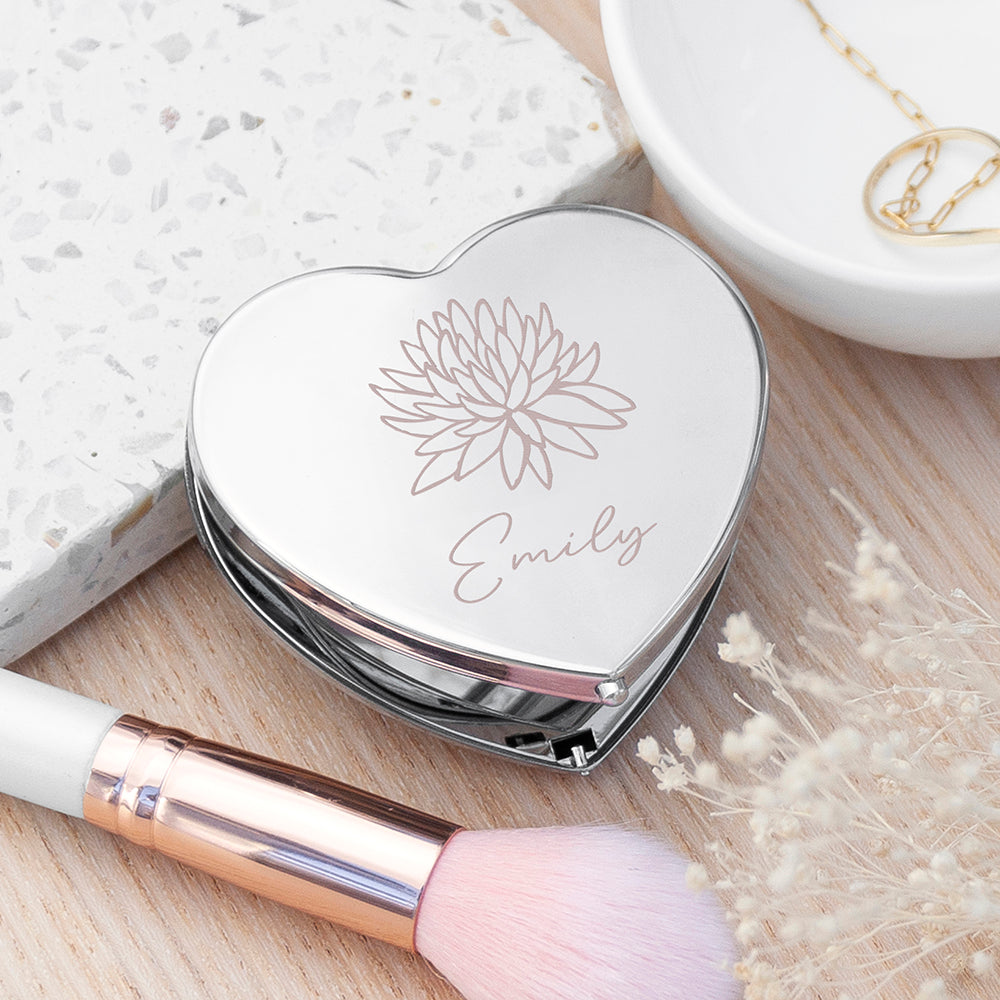 Personalised Personalised Silver Heart Birth Flower Compact Mirror