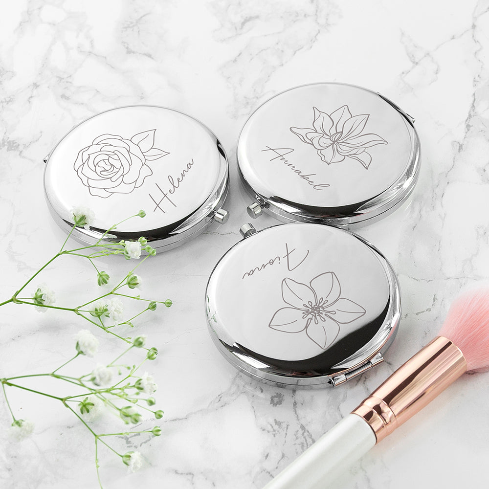 Personalised Personalised Silver Round Birth Flower Compact Mirror