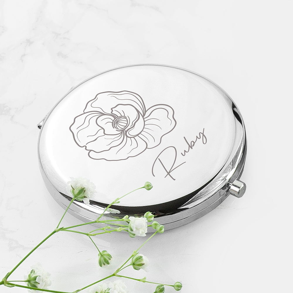 Personalised Personalised Silver Round Birth Flower Compact Mirror
