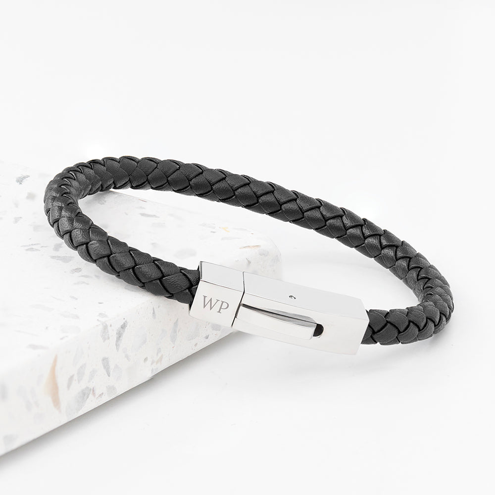 Personalised Men's Black Leather Bracelet With Tube Clasp