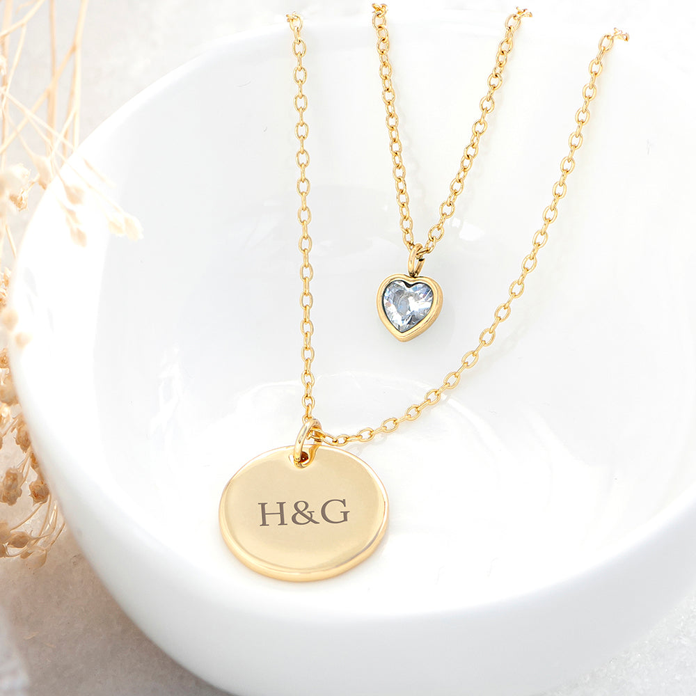 Personalised Personalised Layered Crystal Heart and Disc Necklace