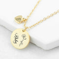 Personalised Personalised Birth Flower Brushed Heart and Disc Necklace