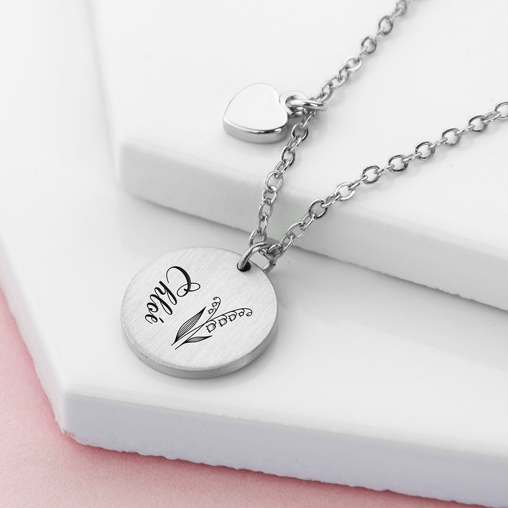 Personalised Personalised Birth Flower Brushed Heart and Disc Necklace