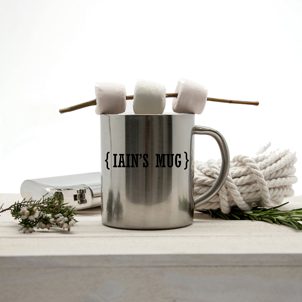 Personalised Name With Swirl Brackets Silver Outdoor Mug