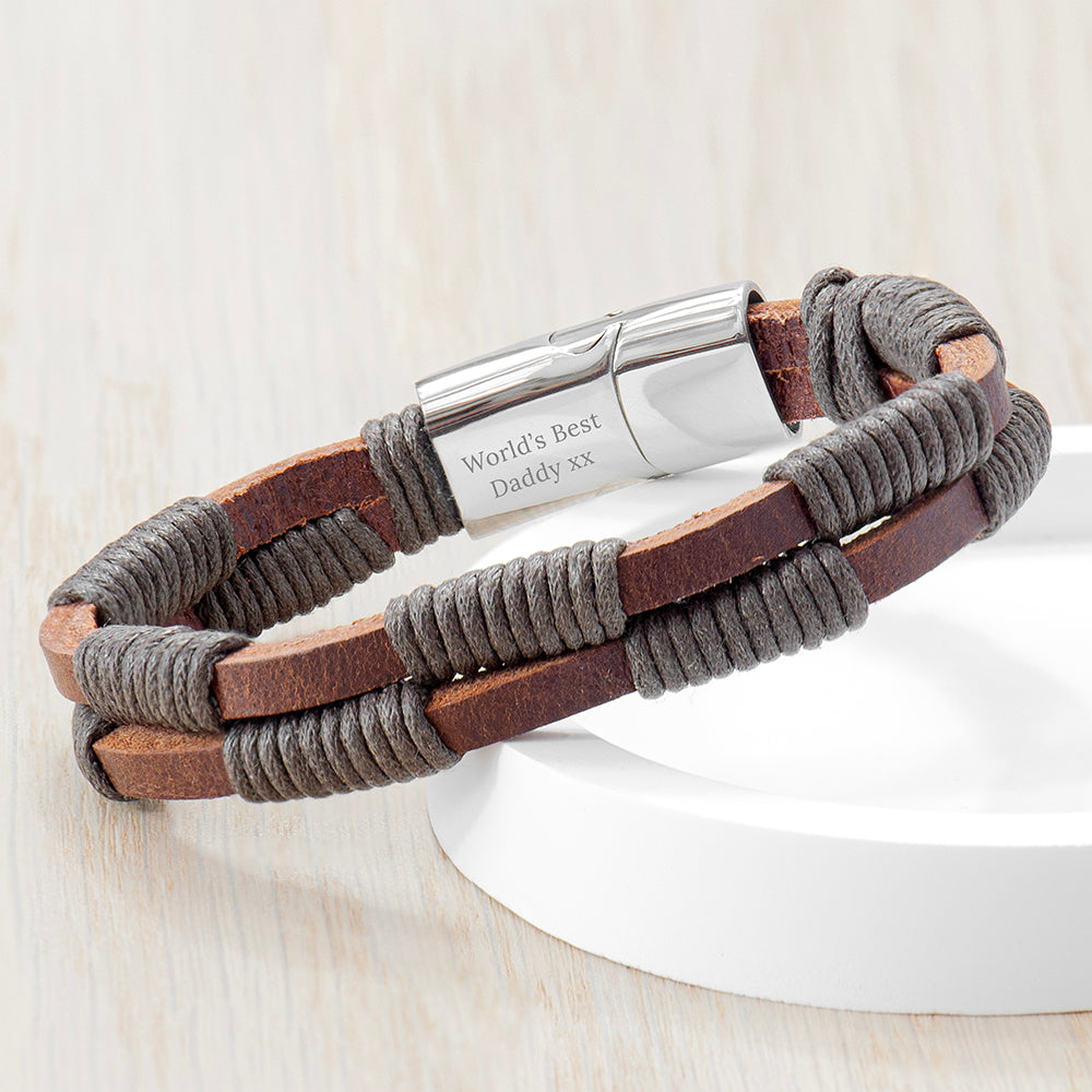 Personalised Personalised Men's Brown Leather Twisted Cord Bracelet