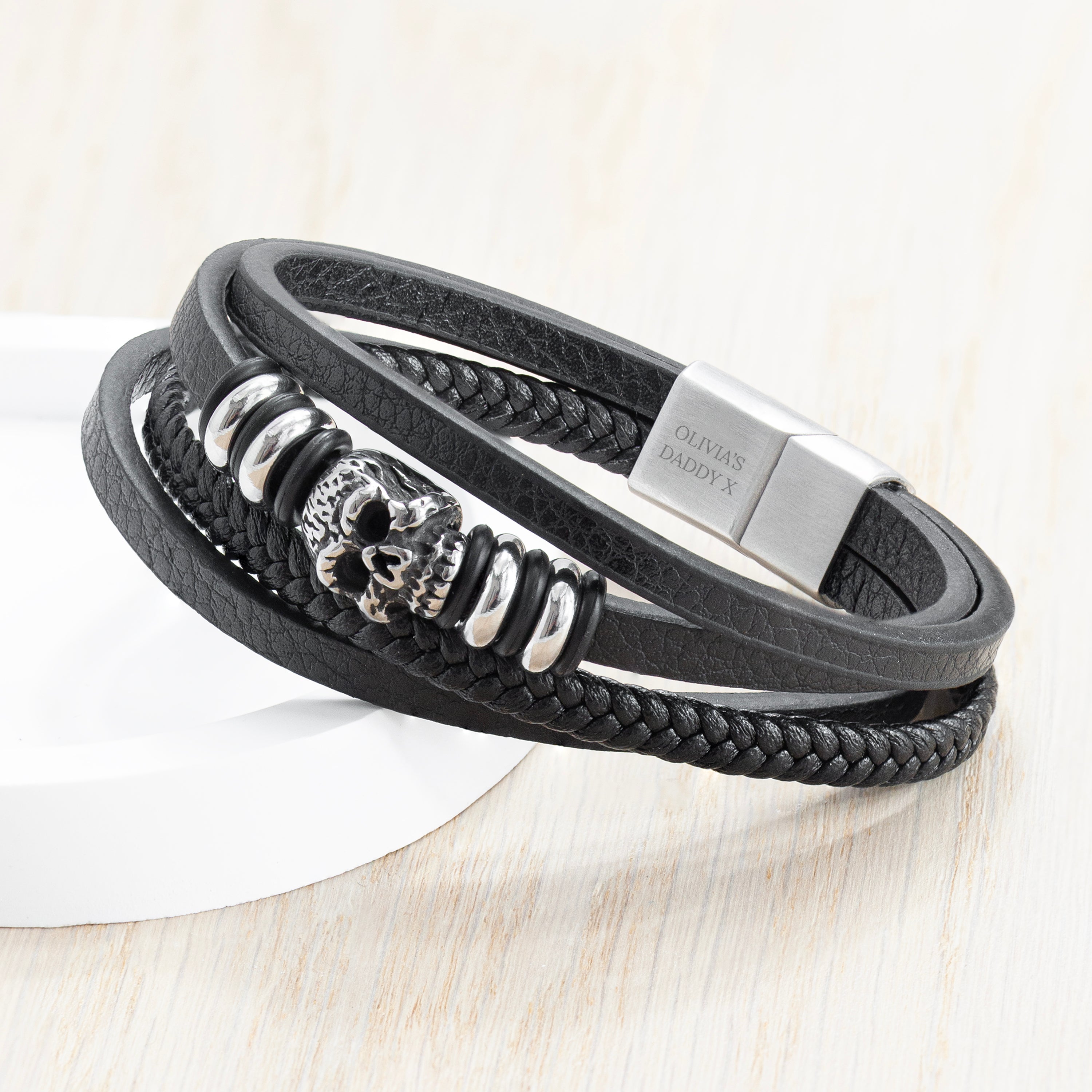 Personalised Personalised Men's Stacked Leather Skull Bracelet