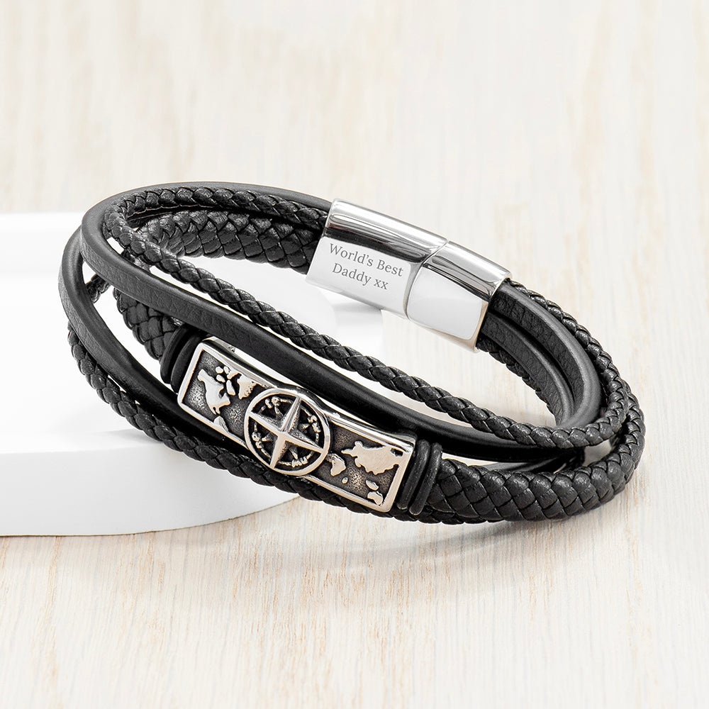 Personalised Personalised Men's Travel Compass Stacked Leather Bracelet