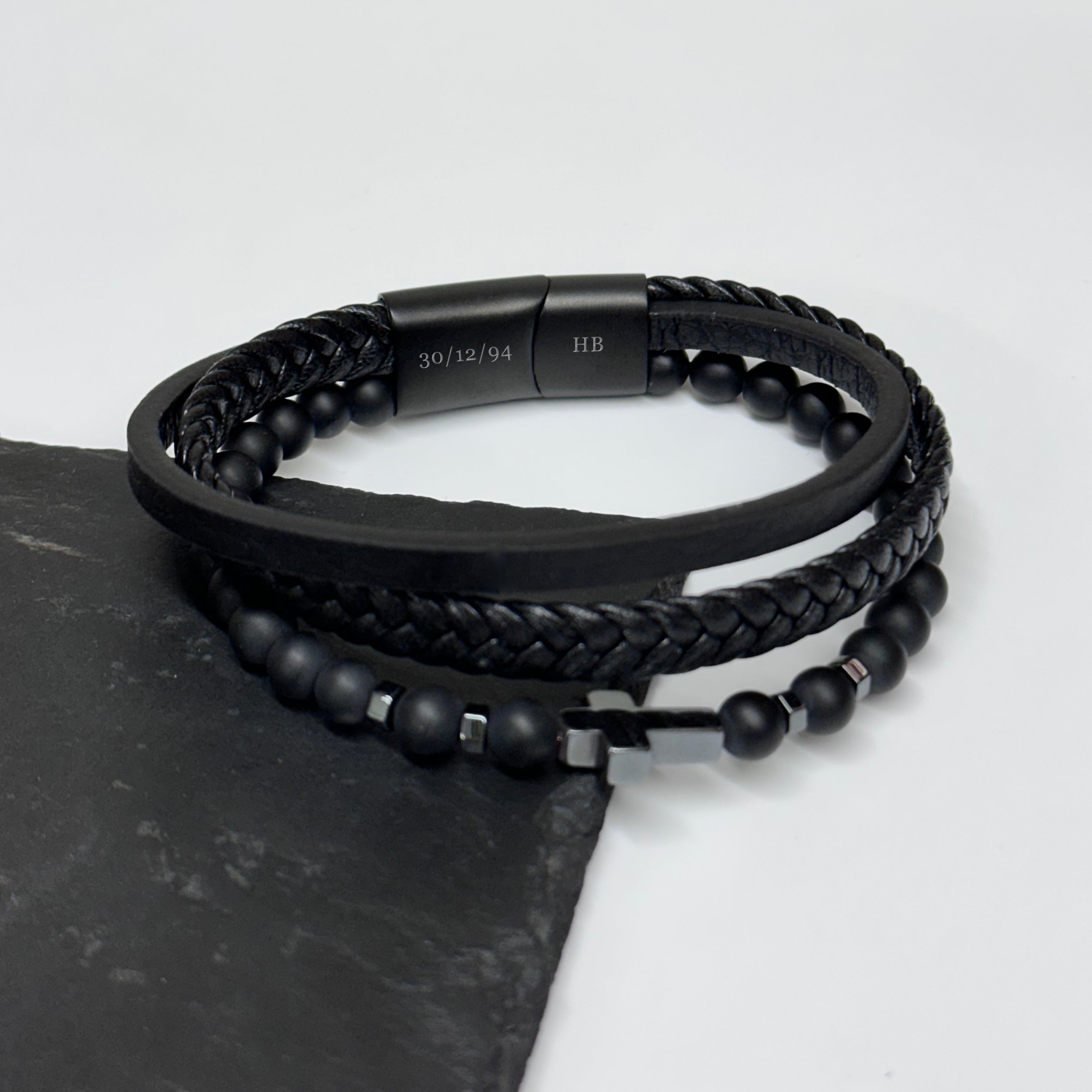 Personalised Personalised Men's Beaded and Stacked Leather Cross Bracelet
