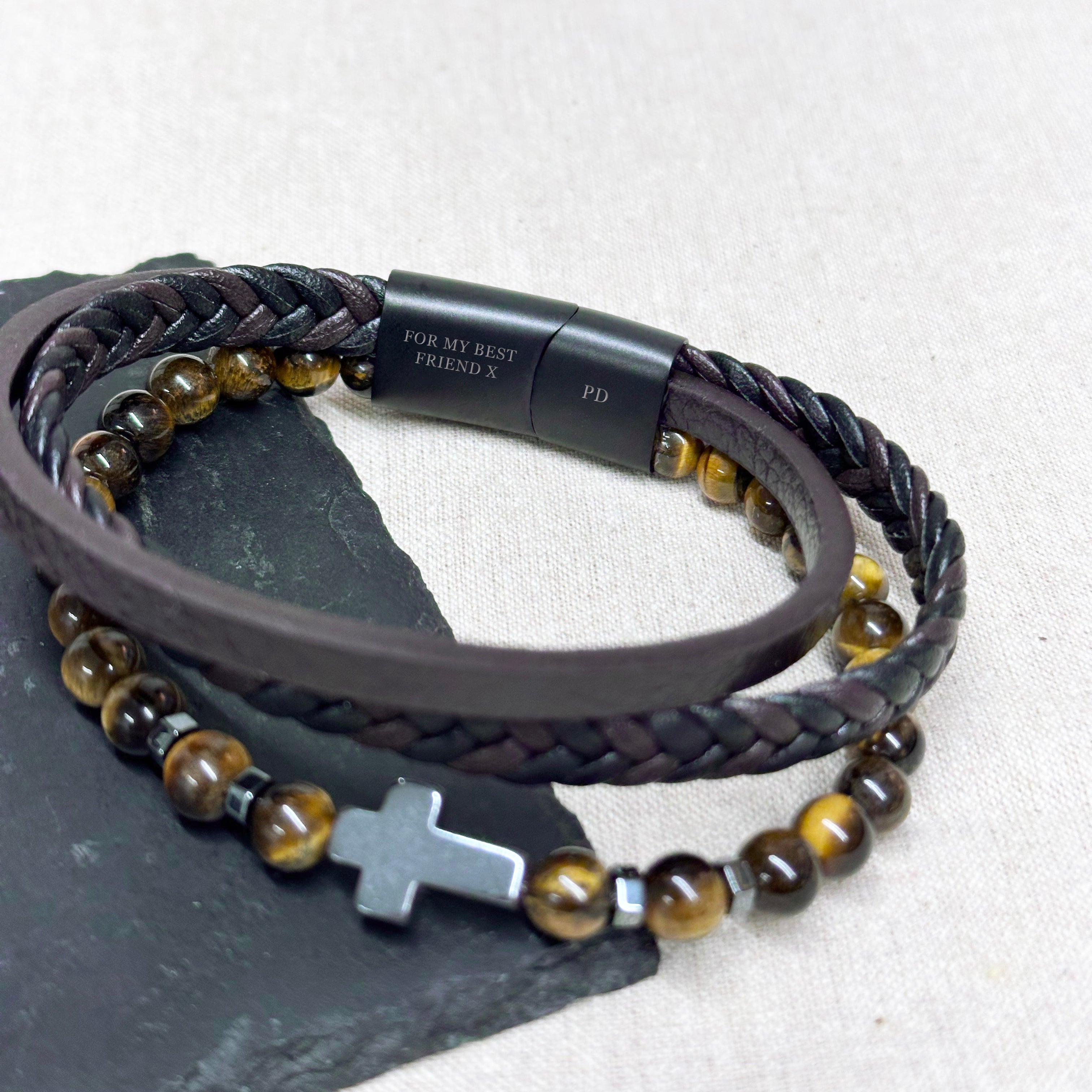 Personalised Personalised Men's Dual Tiger's Eye and Leather Cross Bracelet