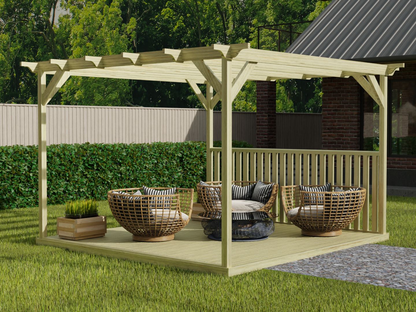 Square Pergola And Decking Kit With One Side Balustrade