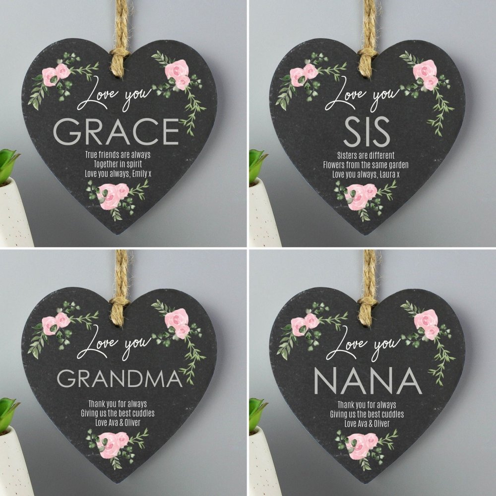 Personalised Abstract Rose Printed Slate Heart Decoration