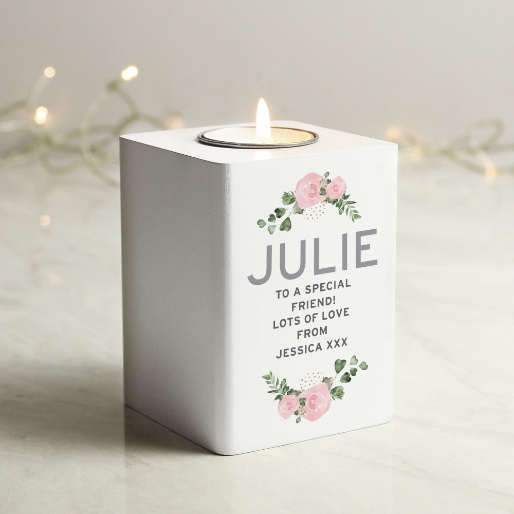 Personalised Abstract Rose White Wooden Tea Light Holder