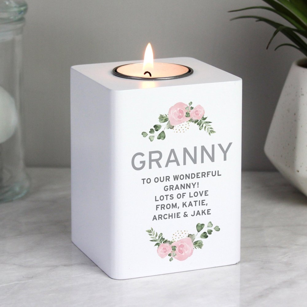 Personalised Abstract Rose White Wooden Tea Light Holder