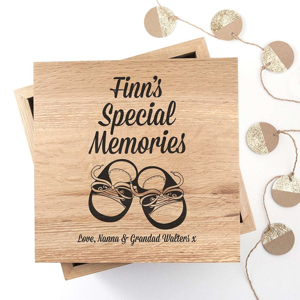 Personalised Baby Shoes Oak Photo Keepsake Box