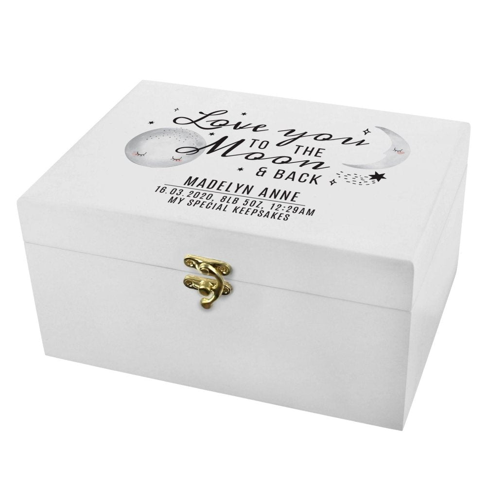 Personalised Baby To The Moon And Back White Wooden Keepsake Box