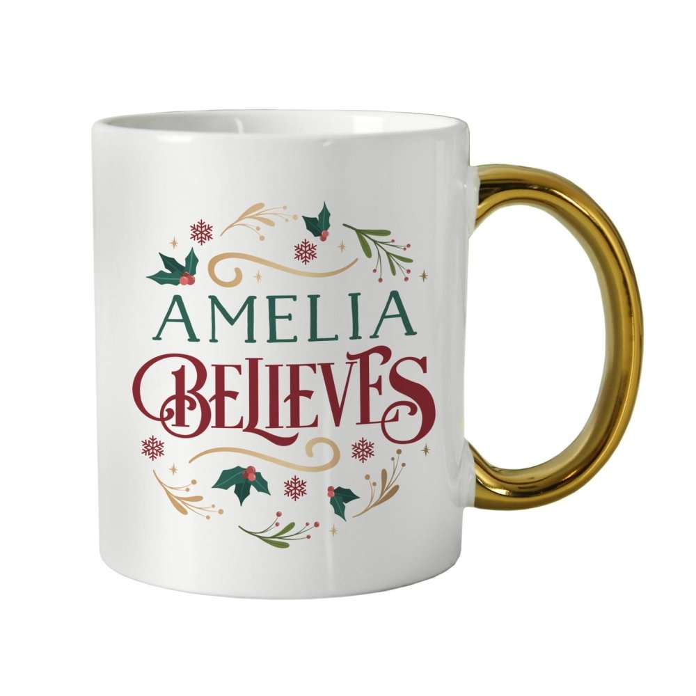 Personalised Believes In Christmas Gold HandLED Mug