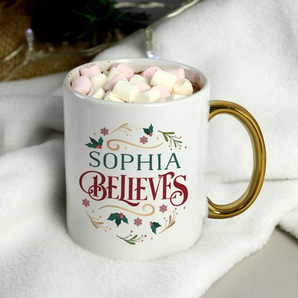 Personalised Believes In Christmas Gold HandLED Mug