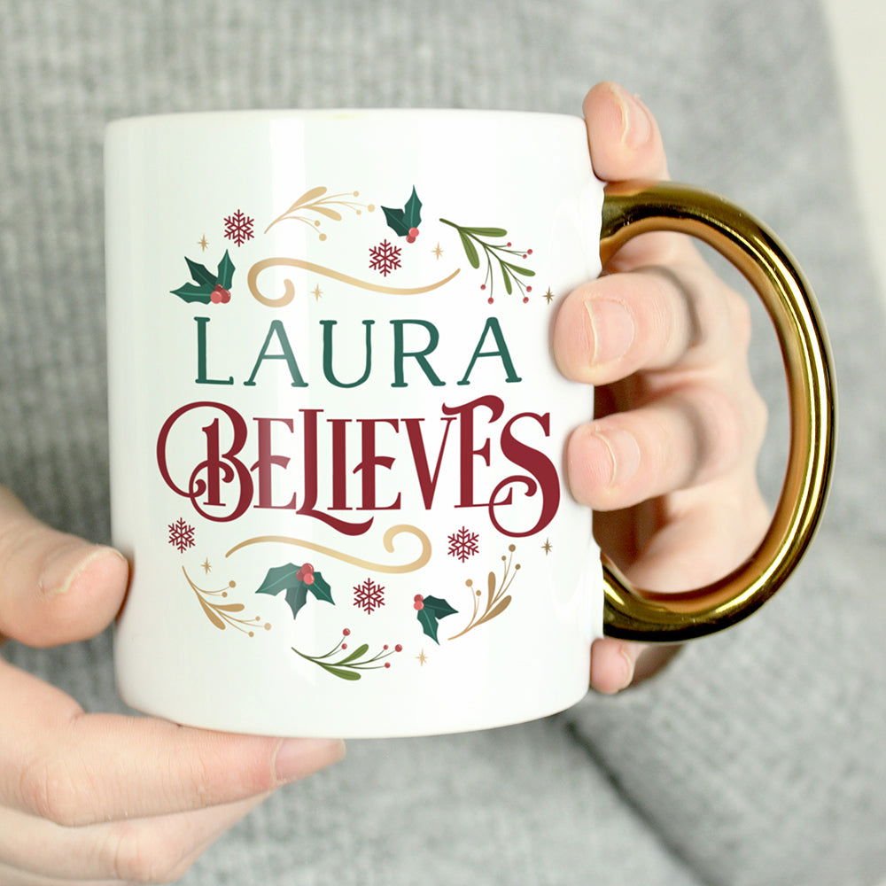 Personalised Believes In Christmas Gold HandLED Mug