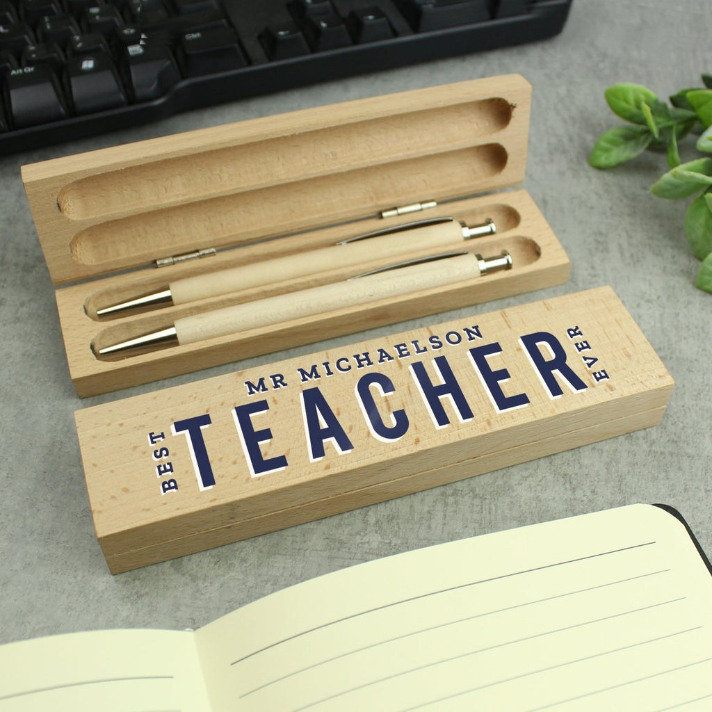 Personalised Best Teacher Wooden Pen And Pencil Set