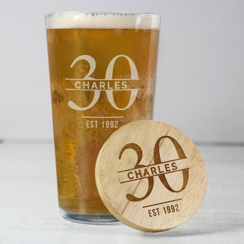 Personalised Big Age Bamboo Bottle Opener Coaster And Pint Glass Set