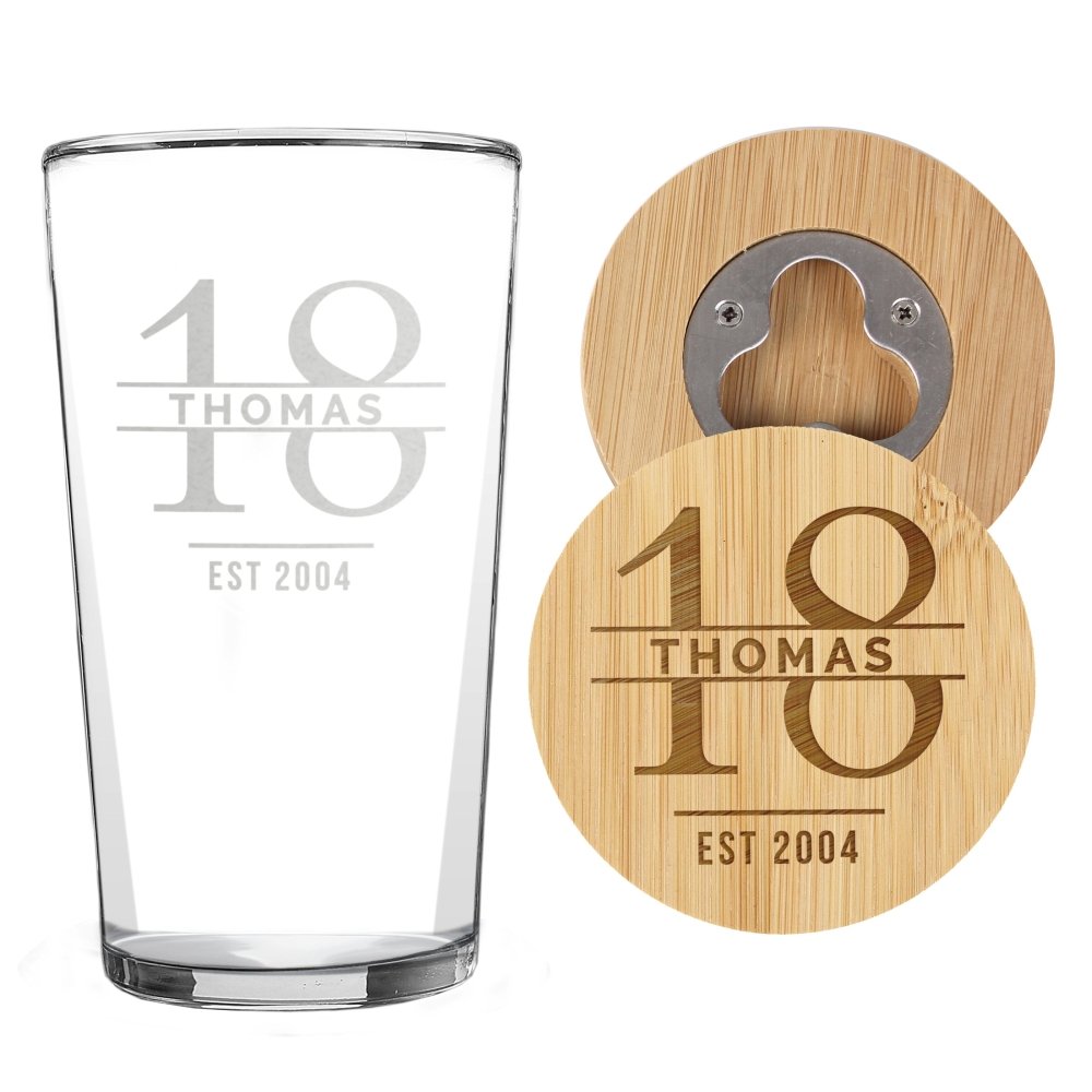 Personalised Big Age Bamboo Bottle Opener Coaster And Pint Glass Set