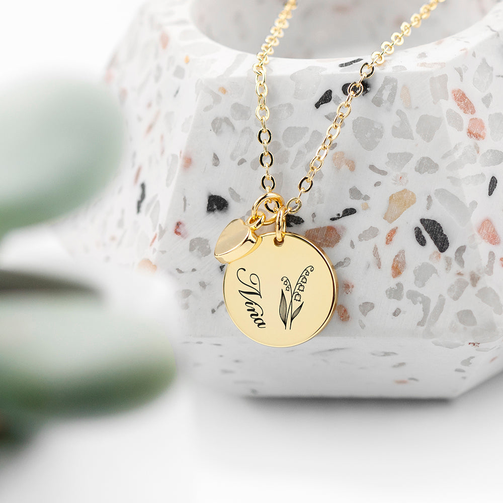 Personalised Personalised Birth Flower Heart and Disc Necklace