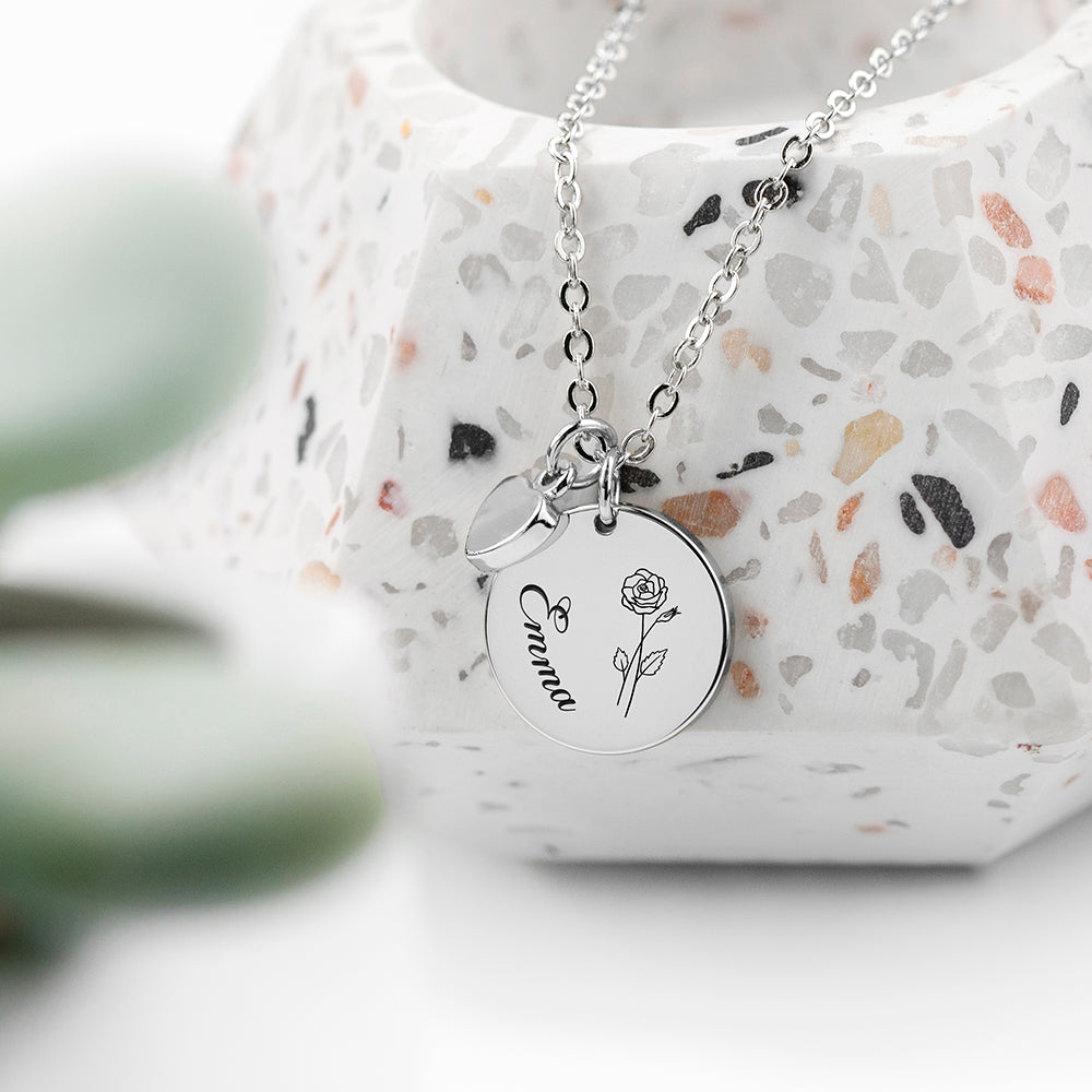 Personalised Personalised Birth Flower Heart and Disc Necklace
