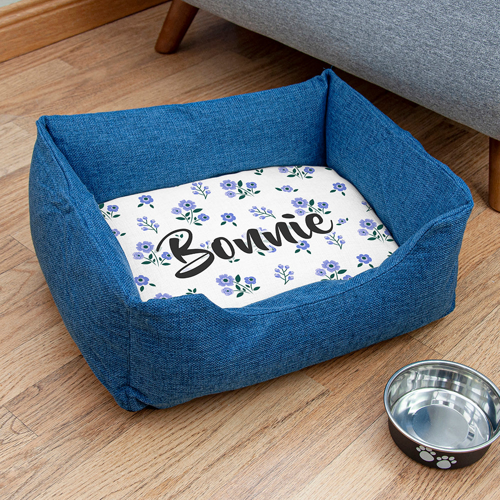 Personalised Personalised Blue Comfort Dog Bed with Blue Floral Design