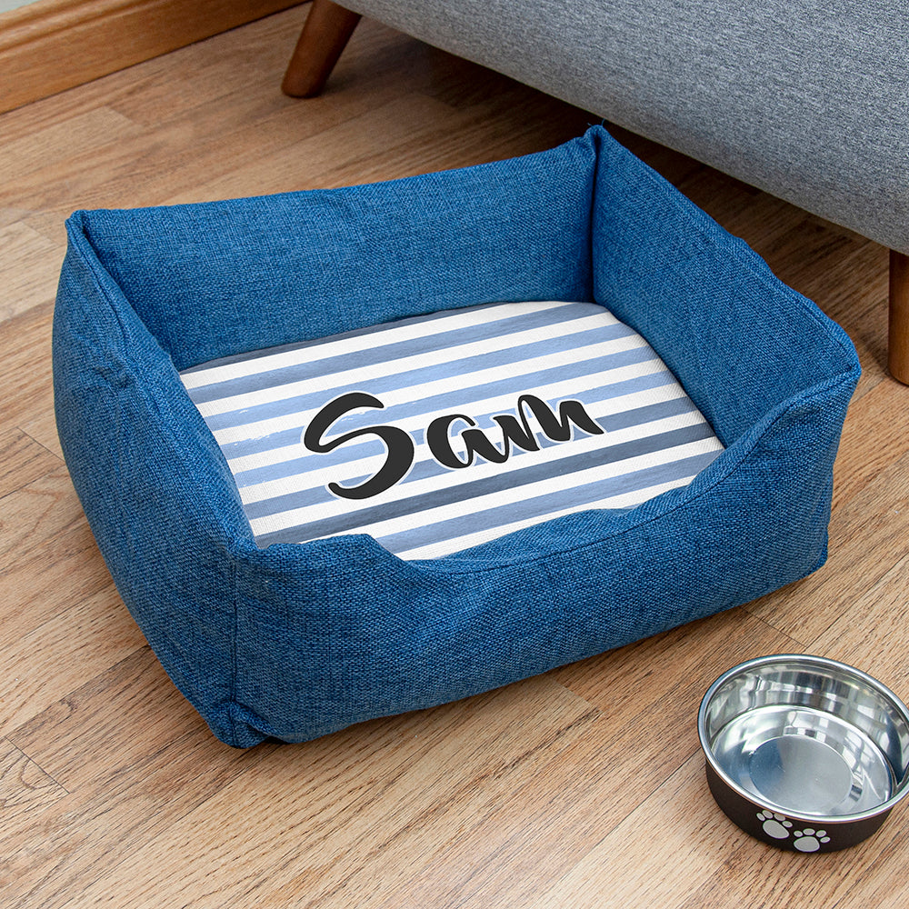 Personalised Personalised Blue Comfort Dog Bed with Blue Striped Design