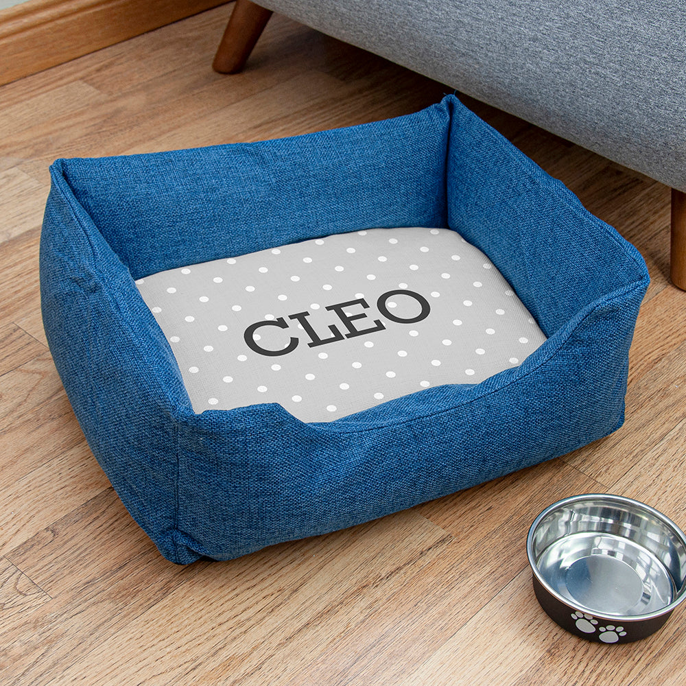 Personalised Personalised Blue Comfort Dog Bed with Grey Spots Design
