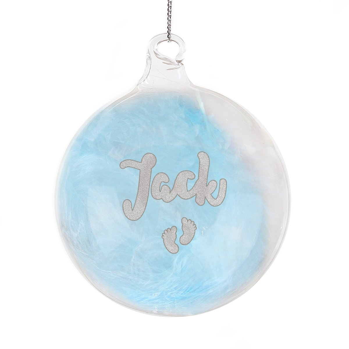 Personalised Blue Feather Silver Footprints Glass Bauble