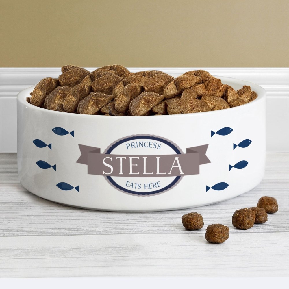 Personalised Blue Fish 14Cm Medium White Pet Bowl