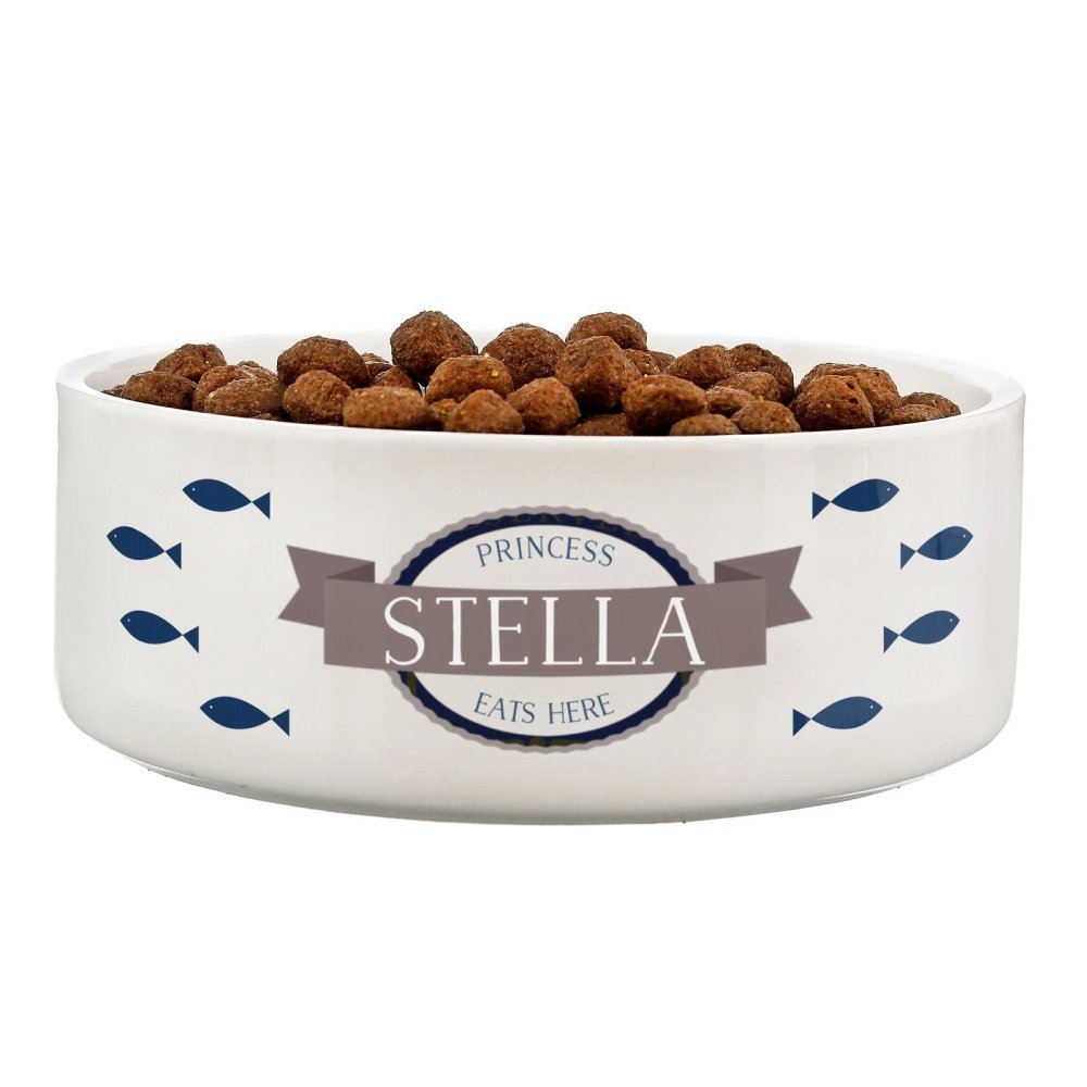 Personalised Blue Fish 14Cm Medium White Pet Bowl