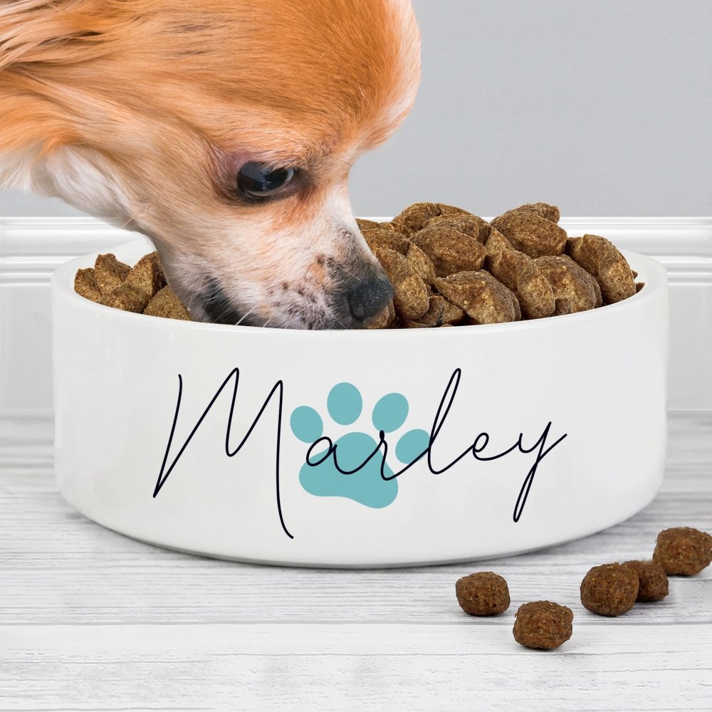 Personalised Blue Paw Print Name 14Cm Medium Pet Bowl