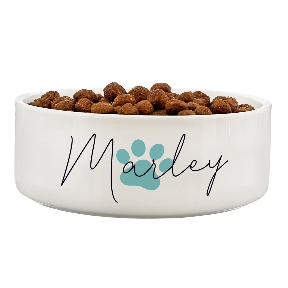 Personalised Blue Paw Print Name 14Cm Medium Pet Bowl