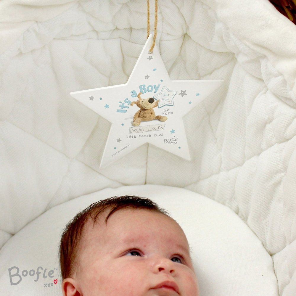 Personalised Boofle Its A Boy Wooden Star Decoration