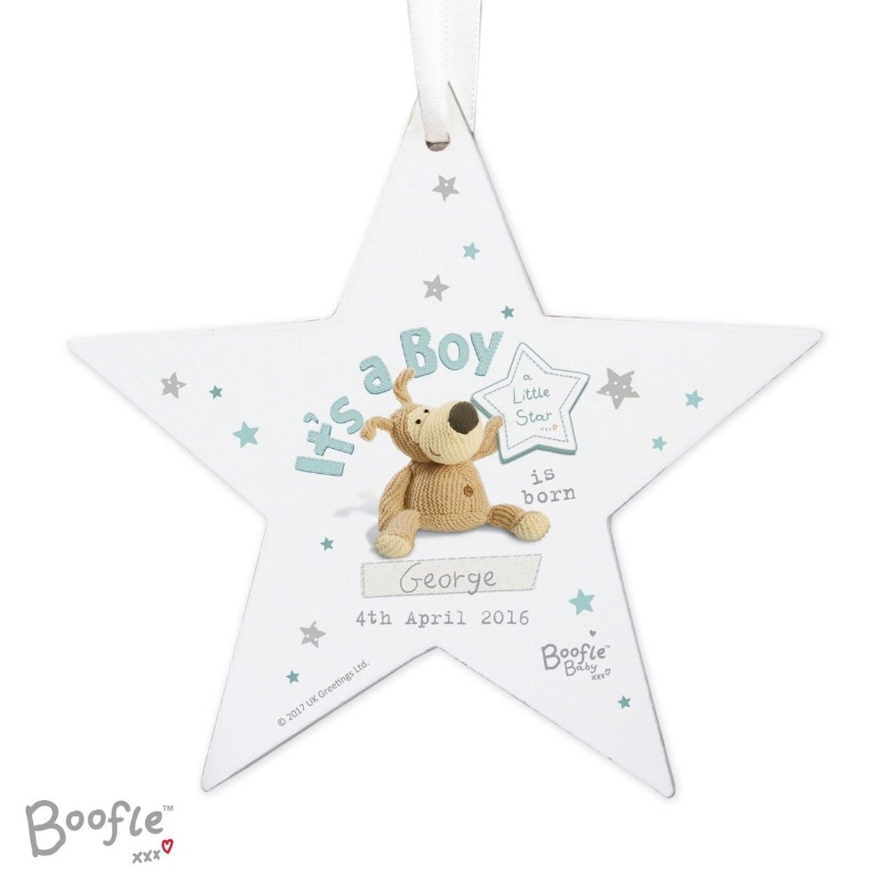 Personalised Boofle Its A Boy Wooden Star Decoration