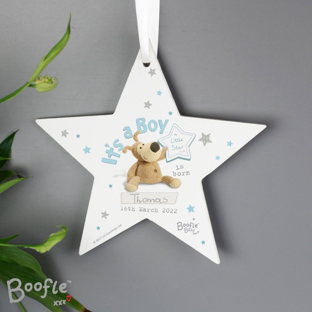 Personalised Boofle Its A Boy Wooden Star Decoration