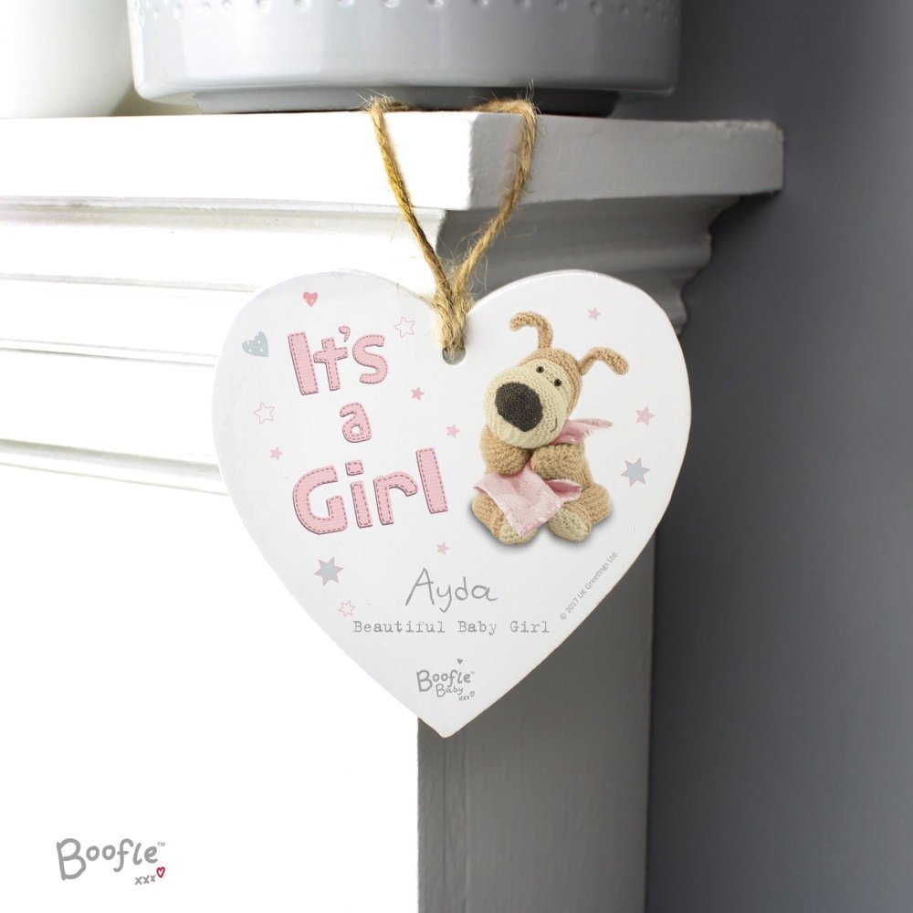 Personalised Boofle It's A Girl Wooden Heart Decoration