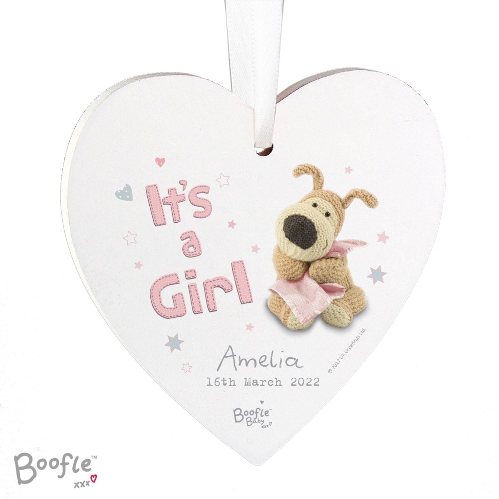 Personalised Boofle It's A Girl Wooden Heart Decoration