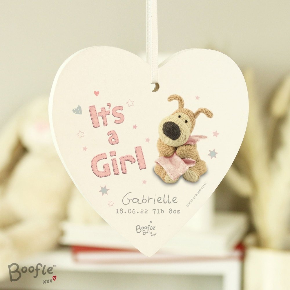 Personalised Boofle It's A Girl Wooden Heart Decoration