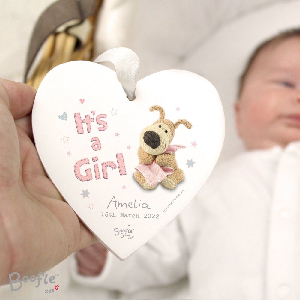 Personalised Boofle It's A Girl Wooden Heart Decoration