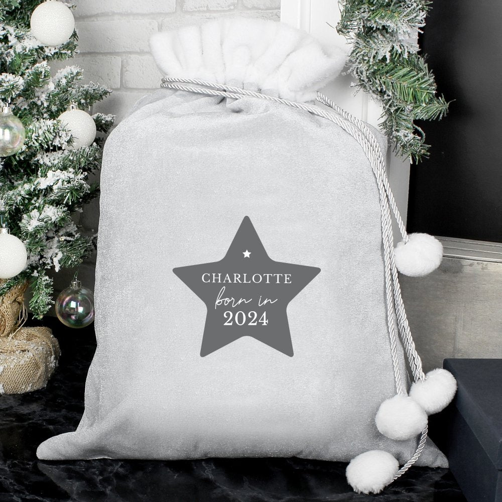 Personalised Born In Luxury Silver Christmas Grey Pom Pom Children's Christmas Sack