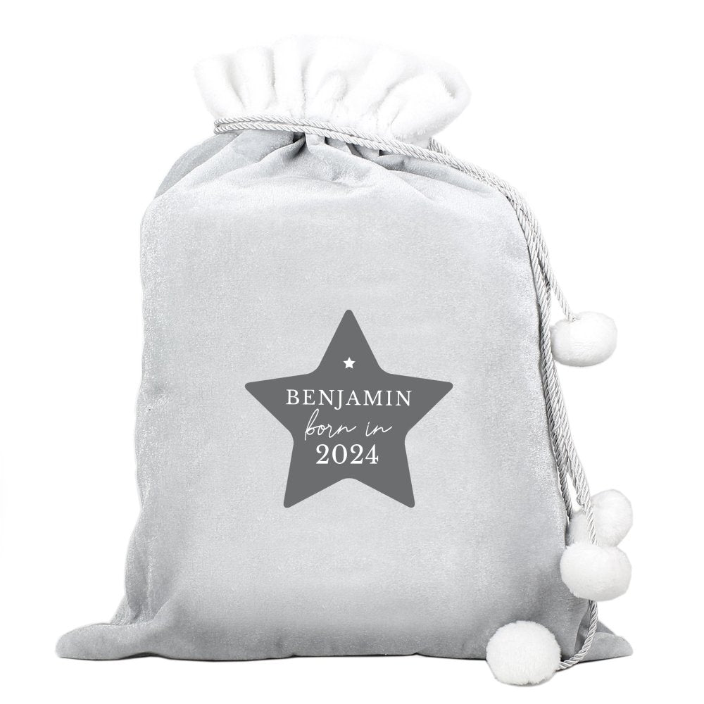 Personalised Born In Luxury Silver Christmas Grey Pom Pom Children's Christmas Sack