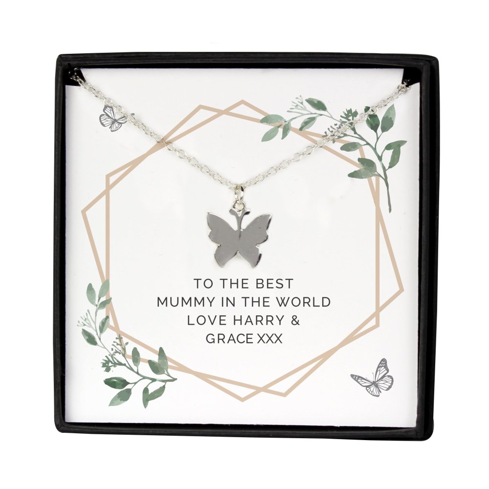 Personalised Botanical Sentiment Butterfly Necklace And Box