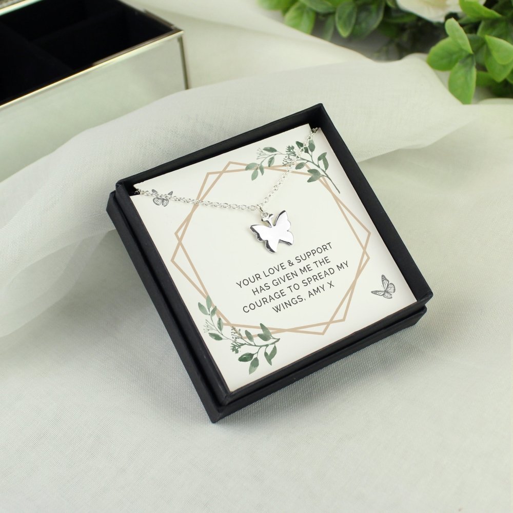 Personalised Botanical Sentiment Butterfly Necklace And Box