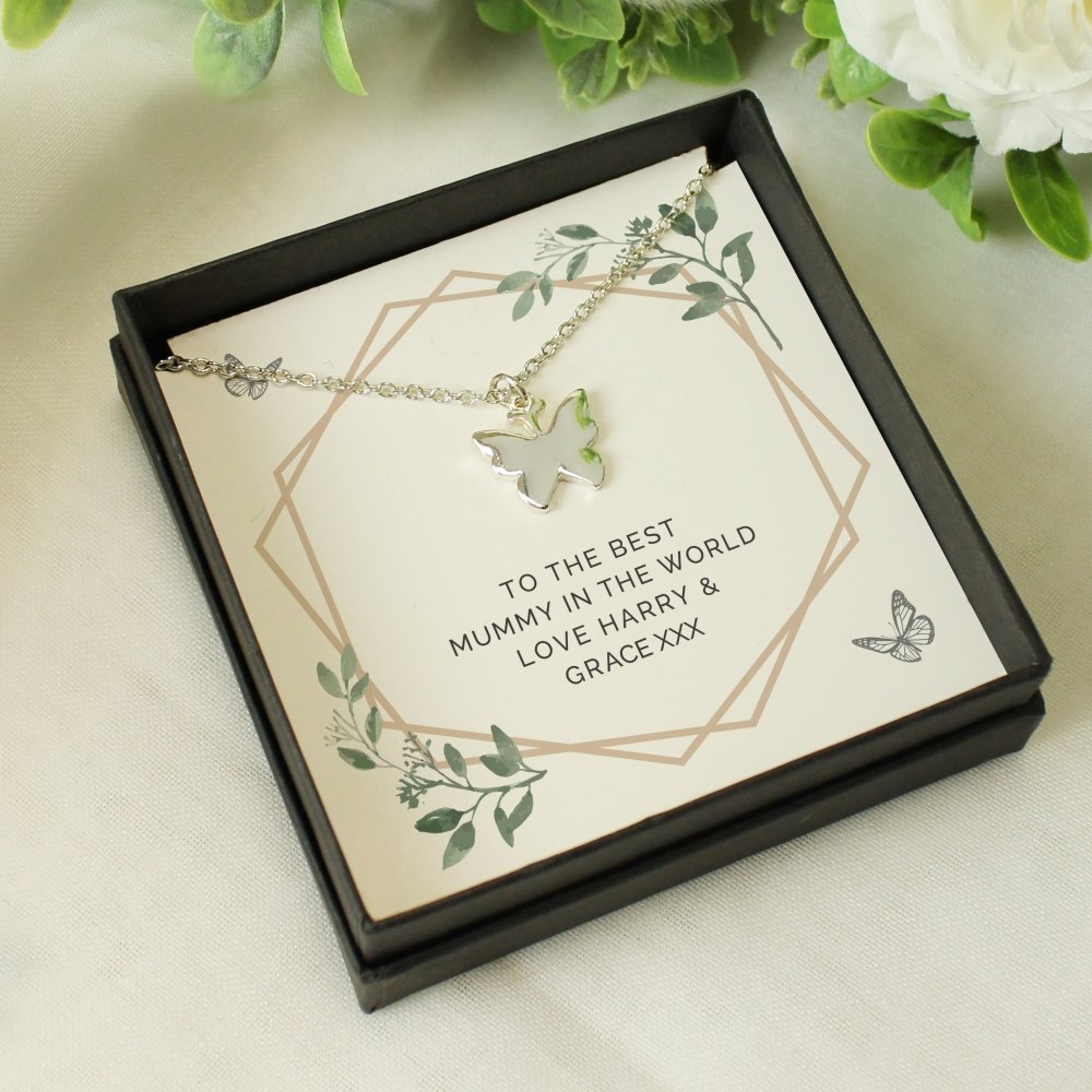 Personalised Botanical Sentiment Butterfly Necklace And Box