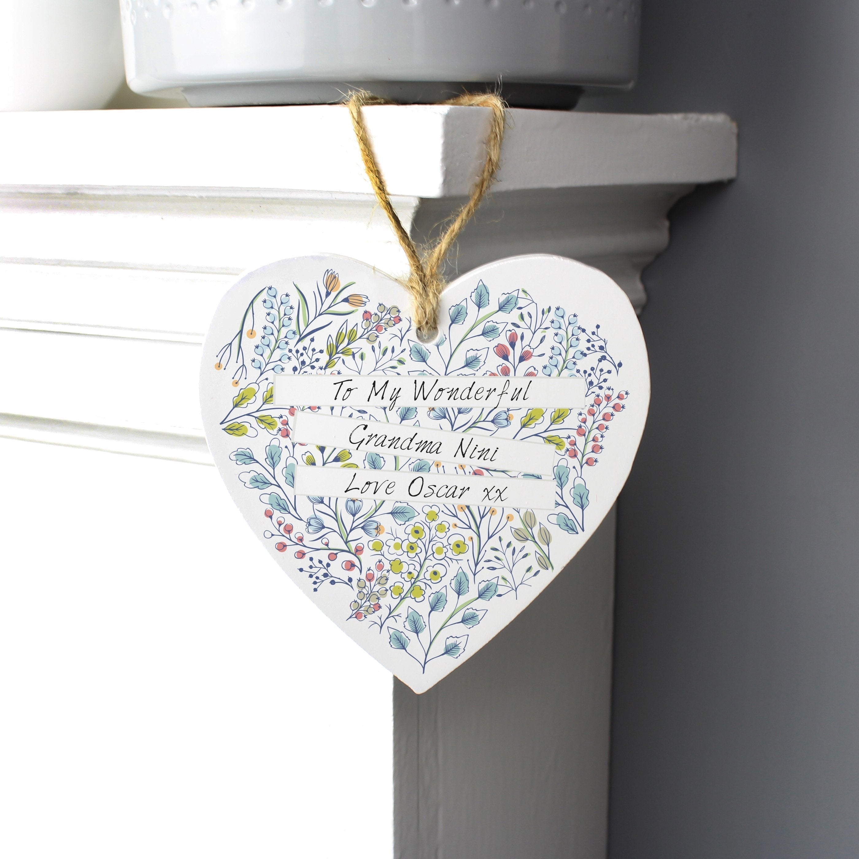 Personalised Botanical Wooden Heart Decoration
