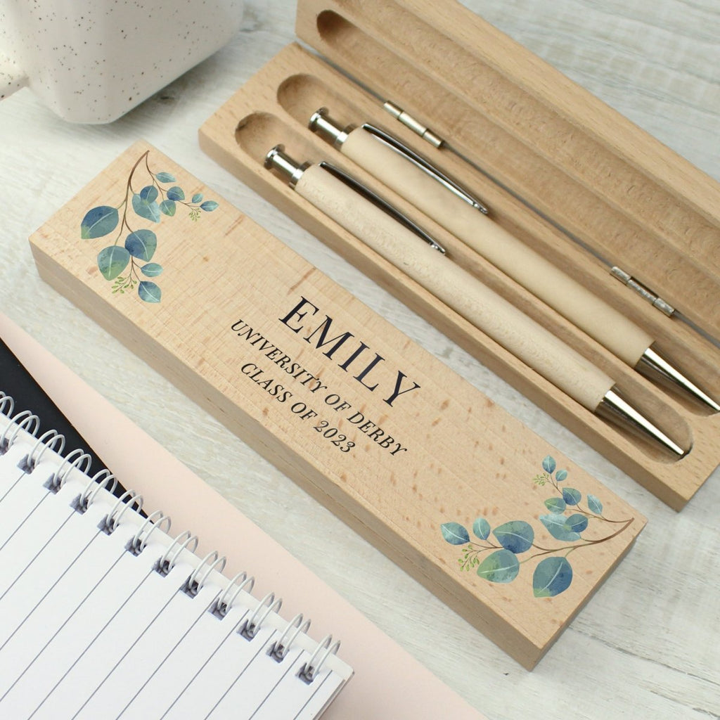 Personalised Botanical Wooden Pen And Pencil Set